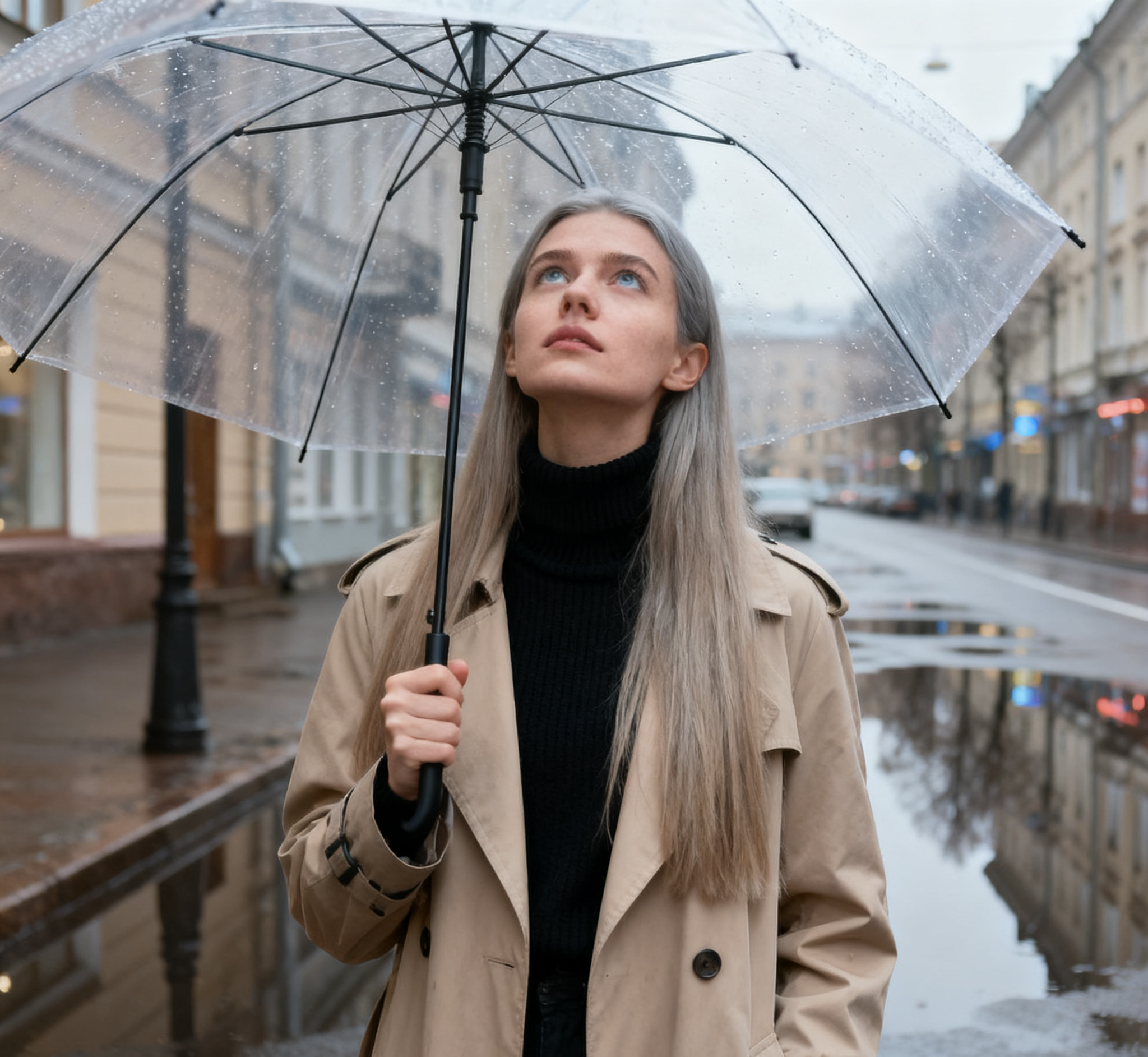 Source image is a woman holding an umbrella with a narrow background.