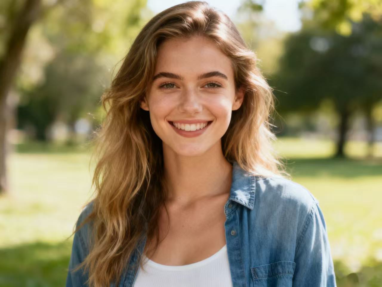 Source image upload: portrait of a woman with a green lawn background.