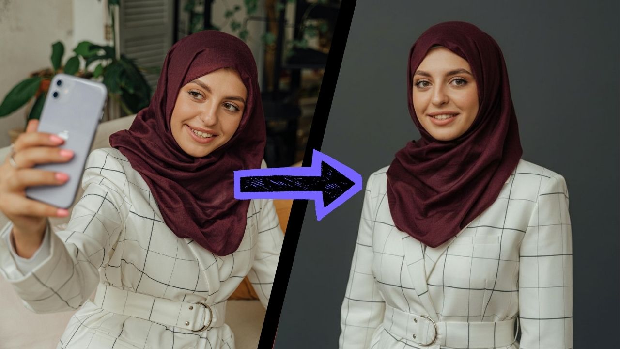 Transform the woman's casual photo into the professional studio-quality portrait.